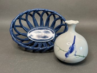 A Lovely Ceramic Basket In Blue With A Bird-Adorned Vase