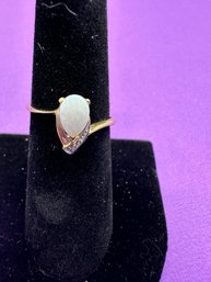 White Opal And Diamond 10K Yellow Gold Ring