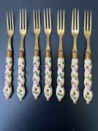 RARE Vintage Brass & Copper 3-prong Cocktail Forks With Twisted Ceramic Handles