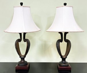 A Pair Of Mid Century Art Metal Lamps On Exotic Hardwood Bases