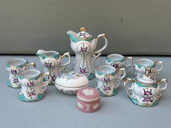 Vintage China Porcelain Mini Tea Set Floral With Gold Accents And 2 Wedgewood Decorative Boxes