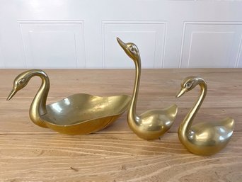 Trio Of Vintage Brass Swans