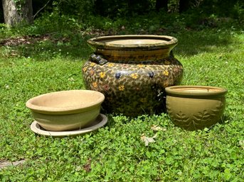 Three Lovely Glazed Pottery Planters In Earth Tones