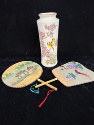 Vintage Asian Vase & Fans