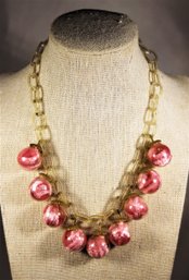 Vintage 1930s Plastic Chain Link Necklace Having Pink Fuzzy Ball Pendants