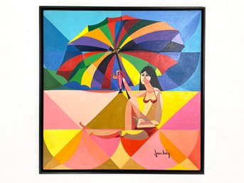 A Vintage Acrylic On Canvas, 'Woman & Beach Umbrella,' Joan Luby (American, 1934-2015)