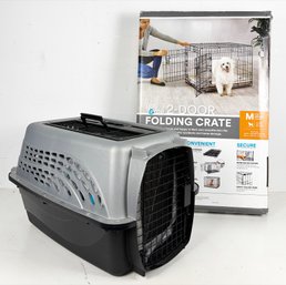 A Medium Collapsible Dog Crate And Small Pet Carrier