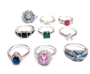 9 Estate Rings Including 925 & 18KT Gold Plated - Size 6-8