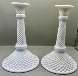 Pair Of Hobnail Style Milkglass Candle Holders