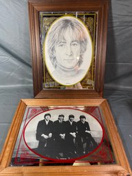 2 Carnival Bar Mirrors Framed Pictures Of The Beatles And John Lennon 15x19 Wood Frame