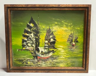 Chinese Junk Ship Oil Painting