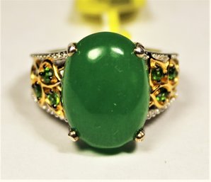 Fine Contemporary Sterling Silver Ring Large Cabochon Jade Stone Having Peridot Size 6