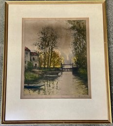 French Colored Etching, Boats On A Canal, Pencil Signed A. Lafitte