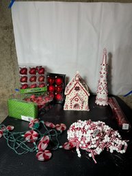 CHRISTMAS ORNAMENTS AND TREE AND A GINGERBREAD HOUSE