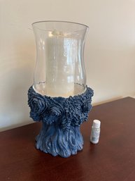 Funky Blue Tree Trunk/ Floral Hurricane Glass Candle Holder