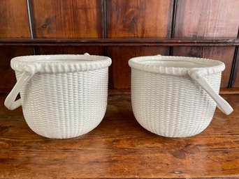 Pair Of George Davis White Ceramic Nantucket Lightship Baskets
