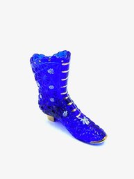 Signed Fenton Cobalt Blue Handpainted Daisy Button Glass Boot