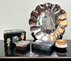 A Vintage Silver Plated Brass Serving Platter And Several Vintage Boxes In Varying Styles