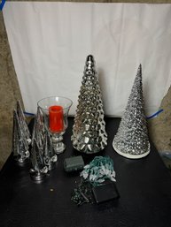 GLASS CHRISTMAS TREES AND CANDLES, ETC.