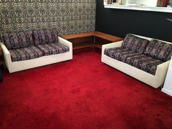 Fabulous Matched Pair Of Vintage MCM / Midcentury Upholstered Sofas - VERY Well Made - Oak Platform Base