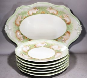 Fine Limoges Game Set Hand Painted With Bunny Rabbits Antique