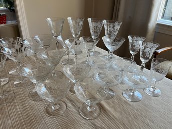 26 PC Lot Of Crystal Etched Stemware - Various Patterns And Sizes