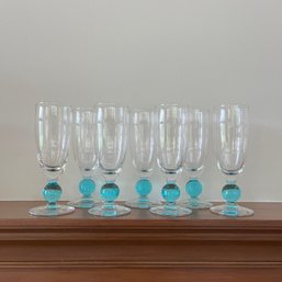 A Set Of 7 Blue Bubble Stem Glasses - Perfect For Mimosas!