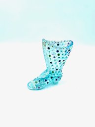 Signed Fenton Iridescent Teal Hand-painted Hobnail Glass Boot