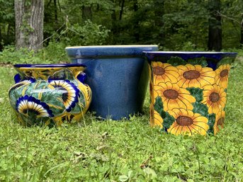 Three Fun Pottery Planters In Blue & Floral Patterns