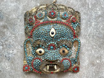 An Antique Indian Brass And Stoned Mask