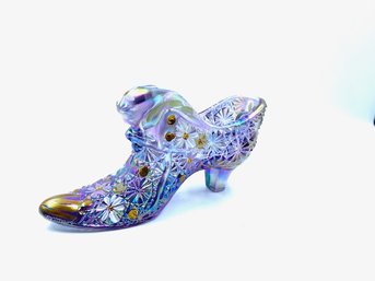 Signed Fenton Iridescent Carnival Hand-painted Daisy & Button Shoe
