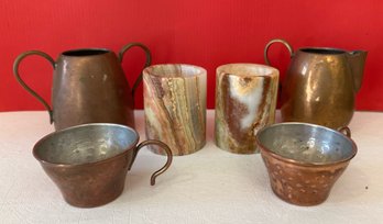 Marbleized Agate Candle Holders Paired With Copper Creamer/sugar & Mini Cups