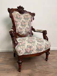 Vintage Victorian Style Armchair With Exquisite Carved Heads