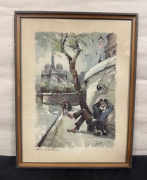 Vintage Lucien Delarue Paris Cityscape Notre Dame Watercolor Print Framed Signed Artist.    RC/WA-B