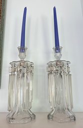 Set Of Beautiful Vintage Glass Candle Holders With Hanging Crystals Prisms, Top Adjustable Candle Holders.