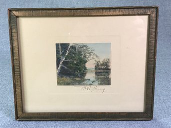 Lovely Antique WALLACE NUTTING Print - Birch Tree - Lake - Island - Original Frame - Nice Clean Nutting !