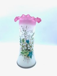 Vintage Hand-blown Frosted Glass Vase W/ Pink Crimped Top & Hand-painted Floral