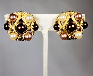 Signed Vintage Faux Pearl Ear Clips Earrings Gold Tone