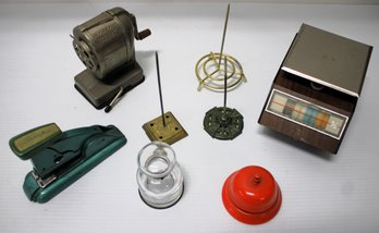 Cool Vintage Office Lot With Stapler, Paper Spikes, Scale, Bell, Glass Ink Jar And Pencil Sharpener