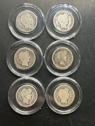 6 Barber Silver Dimes 1911, 1912, 1913, 1914-D, 1915, 1916