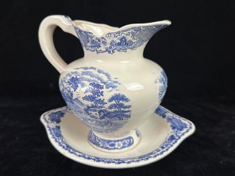 Blue Handpainted Porcelain Pitcher & Plate