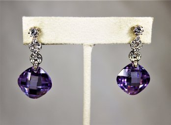 Signed Amethyst Silver Tone Pierced Drop Earrings