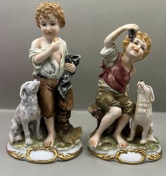 Vintage Hand Painted Pair Of Lefton Boys With Dogs Figurines