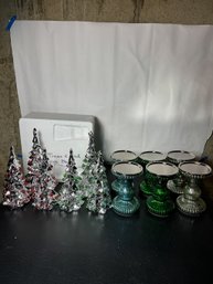 LOT OF GLASS CANDLE PEDESTALS ETC.