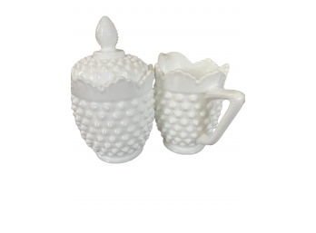 Fenton Hobnail Creamer And Sugar / Candlesticks