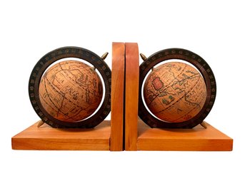 Pair Of Spinning  Globe Bookends On Wooden Bases