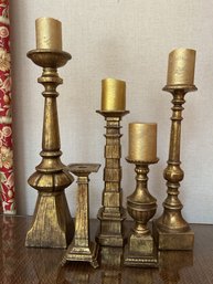 5 Large Candles Sticks In Distressed Gold Finish