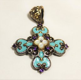 Sterling Silver Barbra Bixby And 18K Gold Mother Of Pearl Enamel Cross Pendant