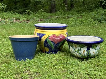 Three More Fun Pottery Planters In Blue & Floral Patterns