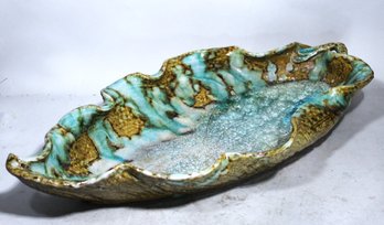 Large Artisan Studio Pottery Thick Crystaline Glazed Leaf Form Serving Bowl Dish